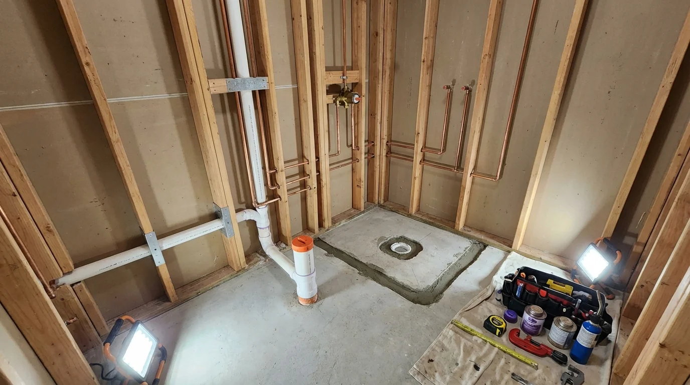 Bathroom rough-in plumbing during remodel by Johns Plumbing LLC in Angleton