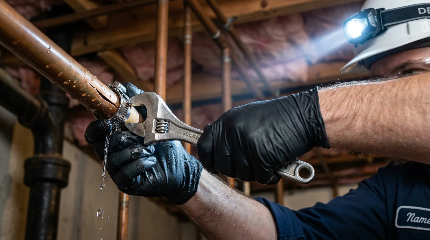 Emergency pipe clamp repair being performed by a Johns Plumbing LLC plumber in Angleton