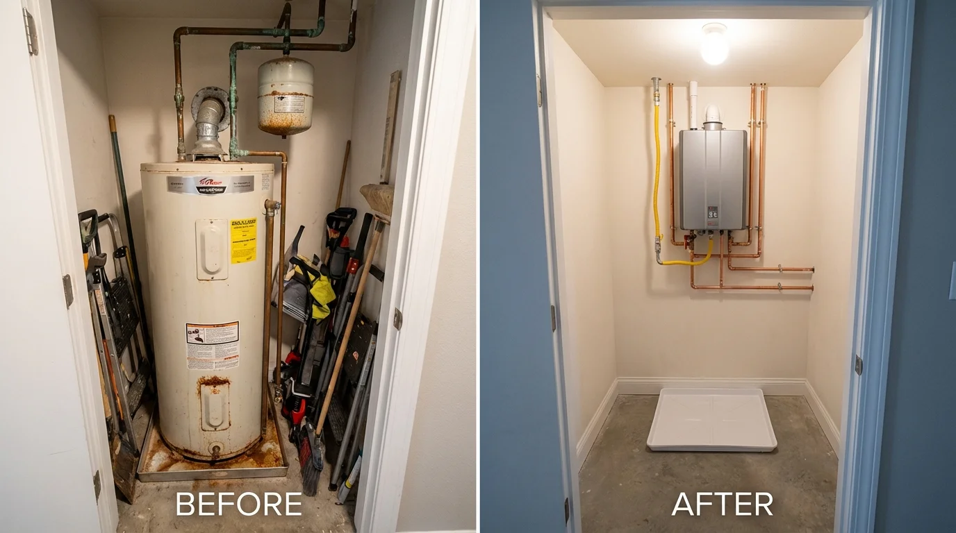 Tank water heater versus wall-mounted tankless unit comparison for Angleton, TX homeowners