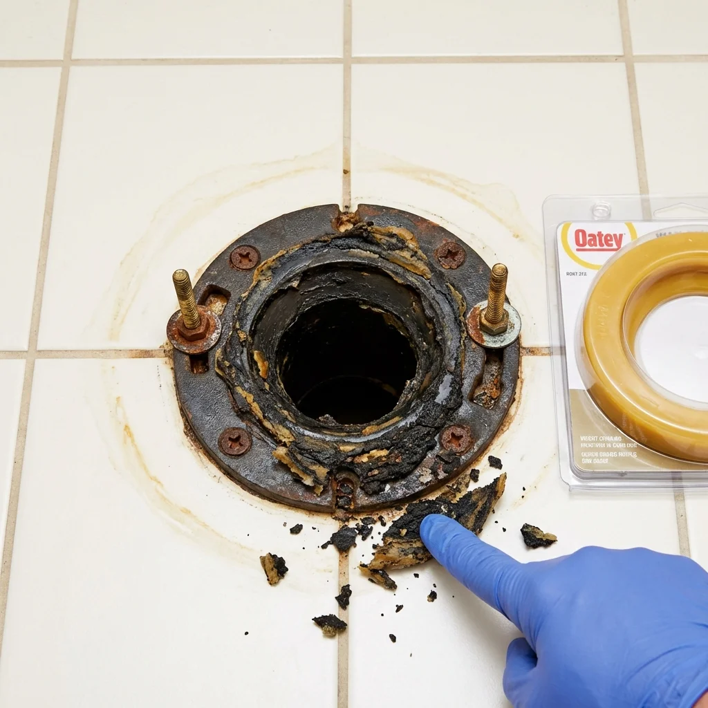 Failed wax ring showing water seepage at the base of a toilet in a Angleton, TX home