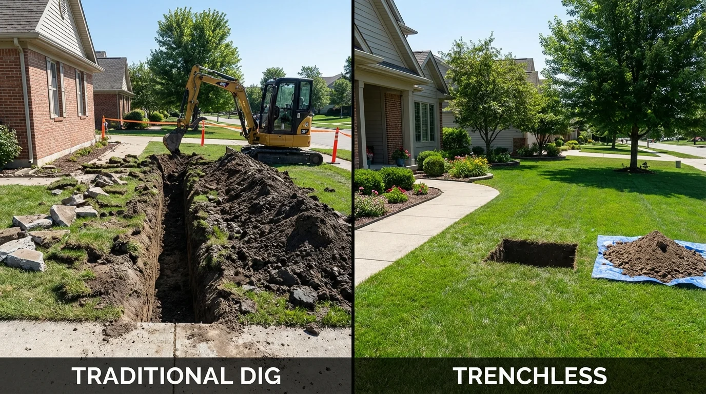 Trenchless sewer repair with minimal yard damage versus traditional excavation in Angleton, TX