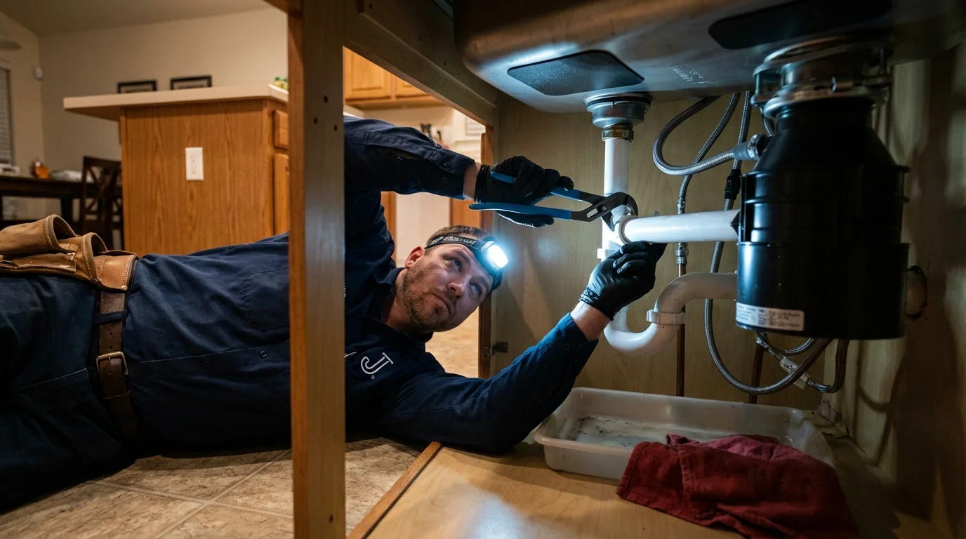 P-trap and supply line connections under a kitchen sink showing a common leak point in Angleton, TX